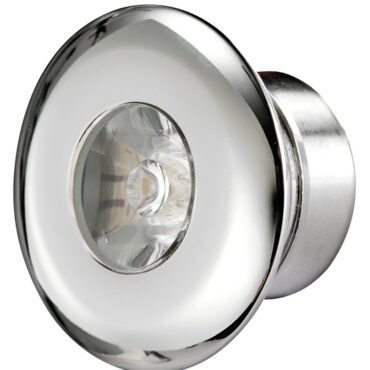 In acciaio inox microfuso lucidato a specchio. Lente in policarbonato. Montaggio a pressione.