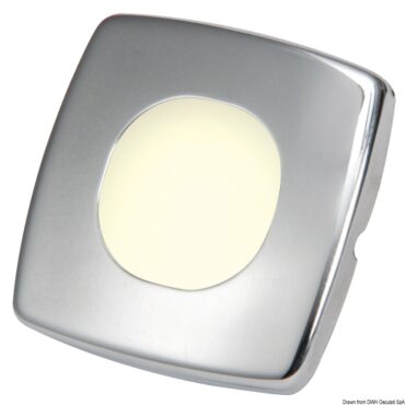Corpo in policarbonato, frontale in acciaio inox lucidato a specchio. Fissaggio a pressione.
