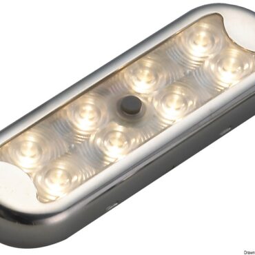 In acciaio inox lucidato con vetro in tecnopolimero. Fissaggio senza incasso.