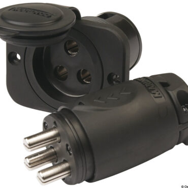 Kit presa e spina per motori elettrici e utenze di bordo con contatti in ottone nichelato, tenuta stagna con cappuccio e accoppiamento “locking” a prova di vibrazioni. Una soluzione plug‑and‑play che copre dal piccolo trolling motor fino ai sistemi più potenti: connessione sicura, impermeabile e a bassa caduta di tensione, pronta per installazioni da 12 a 48 volt.