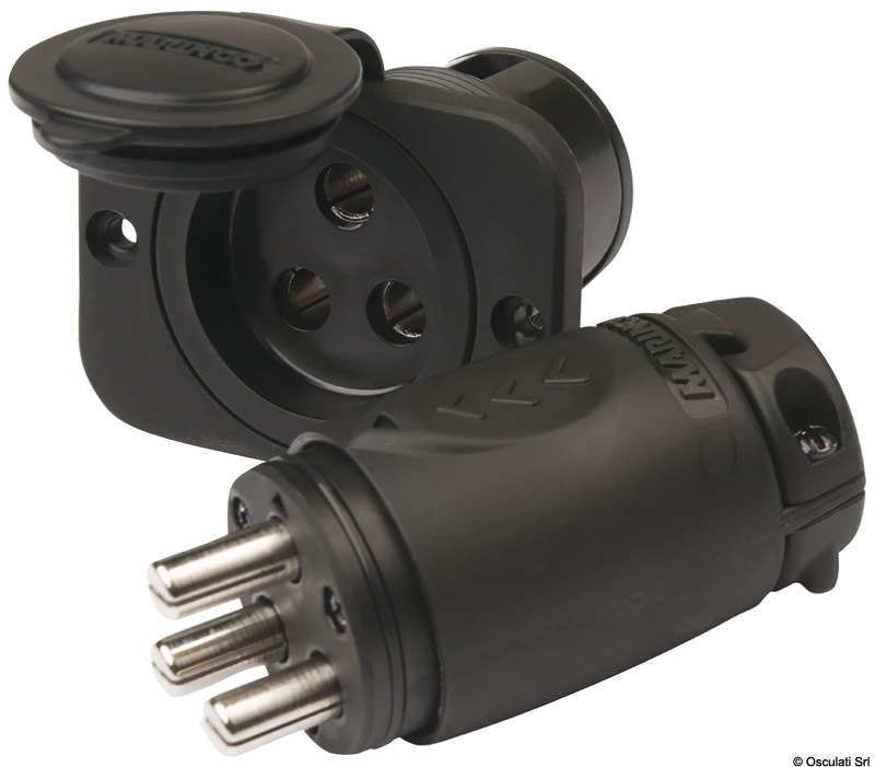 Kit presa e spina per motori elettrici e utenze di bordo con contatti in ottone nichelato, tenuta stagna con cappuccio e accoppiamento “locking” a prova di vibrazioni. Una soluzione plug‑and‑play che copre dal piccolo trolling motor fino ai sistemi più potenti: connessione sicura, impermeabile e a bassa caduta di tensione, pronta per installazioni da 12 a 48 volt.