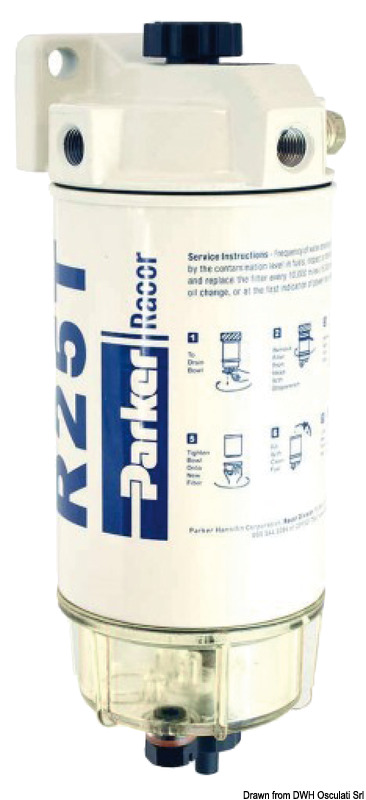 Separatori acqua-carburante, adatti solo per gasolio. Venduti con cartuccia da 10 micron, disponibili cartucce da 30 micron.