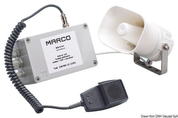 Funzioni: - Tromba - Entrata VHF - Segnale automatico da nebbia - Microfono.Completa di altoparlante stagno, staffa in acciaio inox, microfono di comando. Regolamentare per imbarcazioni fino a 12 m.
