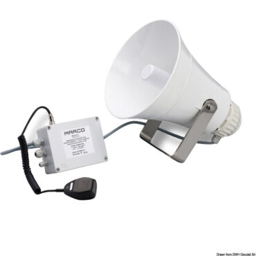Completa di amplificatore + segnale da nebbia + entrata VHF + entrata microfono. Omologata RINA per scafi fino a 75 metri, sia da diporto che da lavoro. Completa di microfono.