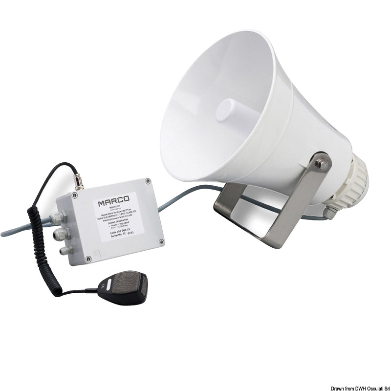 Completa di amplificatore + segnale da nebbia + entrata VHF + entrata microfono. Omologata RINA per scafi fino a 75 metri, sia da diporto che da lavoro. Completa di microfono.