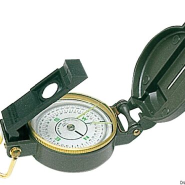 Con lente d’ingrandimento, doppia scala, stabilissima e molto chiara. Sospensioni in kerosene, si stima il 1°, é la bussola ideale per i gommoni.