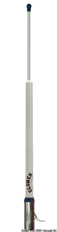 Antenna collineare da 2,40 m per VHF, in vetroresina doppio spessore laccata bianca, cavo coassiale RG8X da 7,6 m e connettore FME. Guadagno 6 db, potenza massima di entrata 100 W. Parti metalliche in acciaio inox, compatibile con tutte le basi Glomex.
