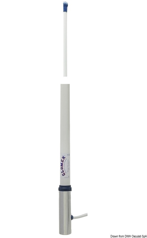 In vetroresina bianca per radiotelefoni VHF, lunghezza 2,40 m, completa di 4,5 m di cavo coassiale RG-58 e connettore finale ottone cromato. Guadagno 6 dB. Massima potenza d’entrata 100 W. Modello particolarmente indicato per scafi a motore. Parti metalliche in ottone cromato. Viene fornita senza base.
