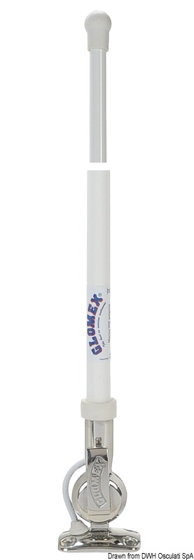 Per piccole/medie imbarcazioni, completa di base acciaio inox abbattibile. Fabbricata in fibra di vetro a doppio spessore, protetta con 5 mani di vernice ai poliuretani. Guadagno 3dB, potenza entrata max 100 W, completa di 4,5 m di cavo coassiale RG58. Lunghezza 100 cm.