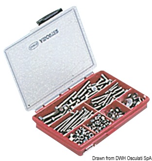 Misure: A2 AISI 304 175x145x32 mm.Totale pezzi: 600.Contenuto: 90 viti autofilettanti (DIN 7981); 135 viti autofilettanti (DIN 7982); 50 viti testa esagonale (DIN 933); 50 viti testa svasata piana (DIN 963); 90 dadi esagonali (DIN 934); 40 dadi esagonali autobloccanti (DIN 982); 85 rondelle piane (DIN 125); 60 rondelle larghe tre volte il foro.