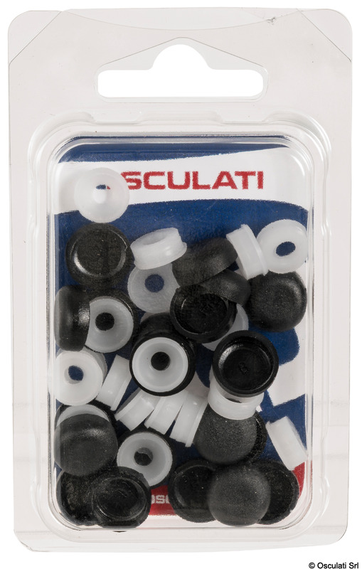 Orli sottovite completi di copritesta a scatto. Sono fabbricati in polipropilene UV stabilizzato e garantiscono, con un costo irrisorio, finiture accurate, impermeabilità e resistenza alla corrosione; da accoppiare con viti a testa svasata piana autofilettanti a legno o a metallo.