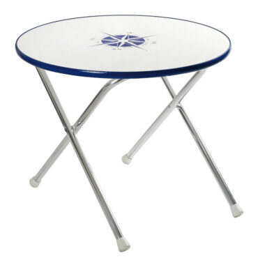 Struttura tubo alluminio anodizzato Ø 25 mm. Ripiano bianco con decoro, spessore 16 mm.