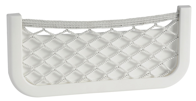 Telaio in ABS bianco, con rete elestica in nylon intrecciato. Dorso autoadesivo, oppure da fissare con 4 viti.