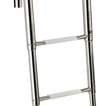 Provvista di maniglia pieghevole/abbattibile per facilitare la risalita a bordo. Realizzate in acciaio inox AISI 316 lucidato a specchio. Finitura eccezionale, gradini ovali con pedana in plastica bianca.