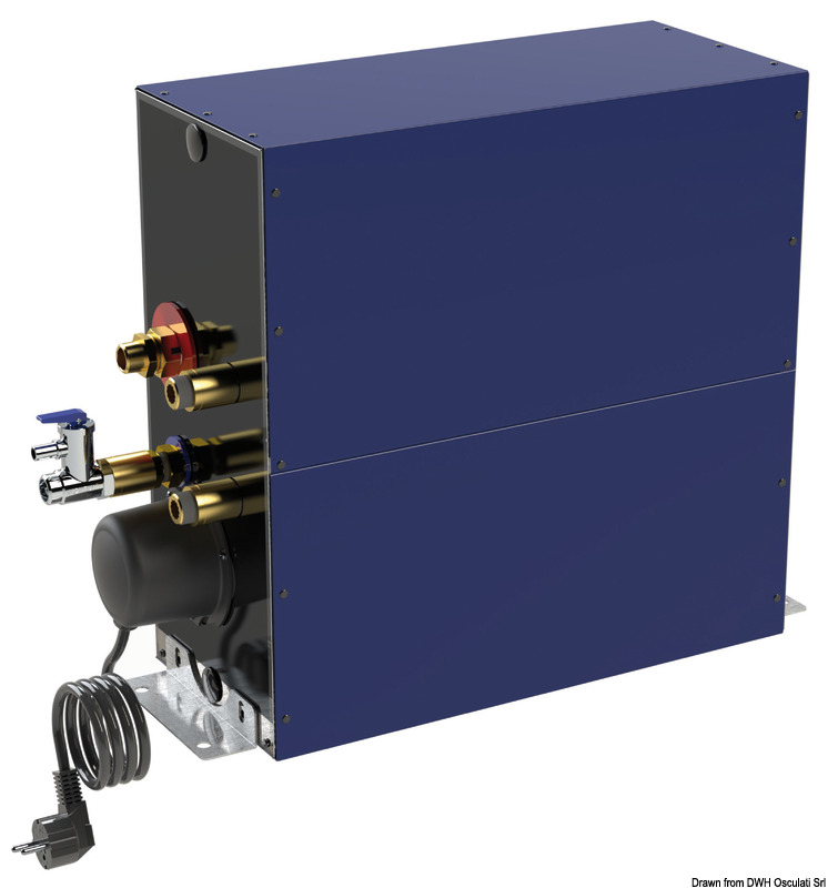 Funzionamento bivalente con scambiatore di calore o resistenza elettrica di 1250 W a 230 V. (a richiesta boiler con resistenza da 110V, per mercati USA). Isolamento spinto tra serbatoio e carcassa in poliuretano espanso, al fine di mantenere l’acqua in temperatura per almeno 123 ore. Scambiatore di calore surdimensionato che dà una resa pratica molto superiore a prodotti concorrenti di capacità doppia. Montaggio sia orizzontale che verticale. Valvola di sicurezza tarata a 4 bar, pressione collaudo 8 bar.Modello A) Con caldaia in vetro porcellanato e rivestimento esterno in alluminio. Protezione catodica con anodo in magnesio. Scambiatore di calore smaltato.Modello B) Con caldaia in acciaio inox AISI 316 e rivestimento esterno in alluminio similinox lucidato a specchio. Scambiatore di calore in acciaio inox. Completi di rubinetto di scarico frontale. Possibilità di montaggio sui tre assi.