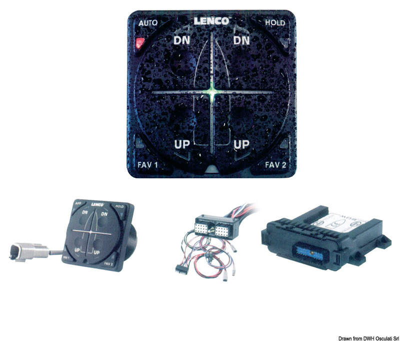 Questo dispositivo, attraverso un sistema GPS incorporato + 3 giroscopi + 3 accellerometri regola in maniera totalmente automatica l'assetto della barca in funzione delle condizioni del mare.Tre modalità di funzionamento:1) manovra in porto: azzera o riduce al minimo il movimento dei flap.2) planata: abbassa i flap in planata e poi li ritrae quando la barca è in assetto.3) navigazione: automaticamente regola i flap in funzione degli angoli di rollio e beccheggio, mantenendo la barca nell'assetto migliore in funzione delle condizioni d del mare. Può anche memorizzare 2 assetti prefefiniti manualmente.Versione A: completo di ricevitore/antenna GPS e Network NMEA 2000;Versione B: senza ricevitore/antenna e Network NMEA 2000. Può essere installato su barche già provviste d i antenna GPS e rete NMEA 2000.