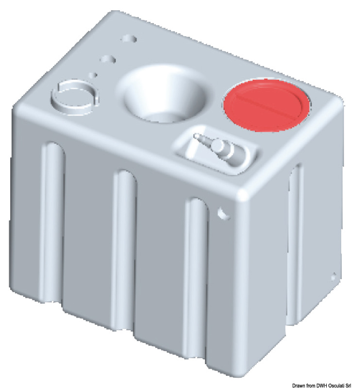 In polietilene alimentare lineare. Completo di tappo di ispezione + predisposizioni multiple per carico, scarico, sfiato con filetti femmina da 1" 1/4, 3/4", 1".Predisposto per installazione indicatore di livello con flangia VDO 5 fori (27.160.xx; 27.161.xx; 27.166.xx).