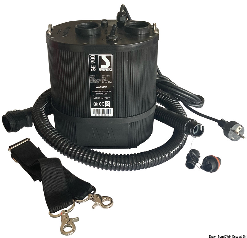 Gonfiatori elettrici ad altissima portata in grado di gonfiare tende, giochi, strutture e barriere gonfiabili (GE 900) , Kayak e qualsiasi gommone (GE 900AA+ PLUS) in breve tempo e con un impatto acustico decisamente ridotto (max 85 dB).Forniti completi di tubo di gonfiaggio Ø 25 mm, 1,5 m di lunghezza e raccordi universali.