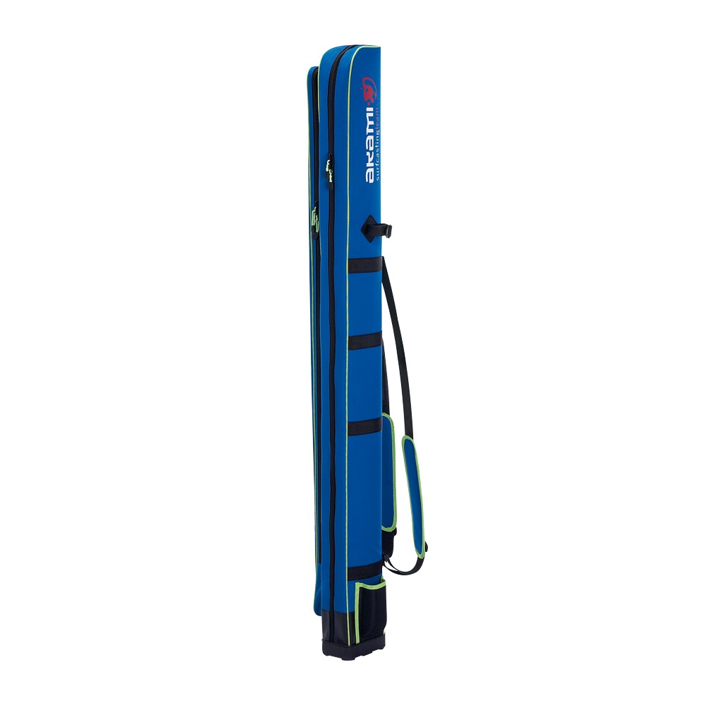 Fodero portacanne rigido, progettato per per il surfcasting con una tasca esterna ed una centrale. Realizzato con anima in platsica posizionata all’interno della fodera in PVC e cerniere extra YKK Giappone. Munitio di tracolle imbottite regolabili. Ideale per il trasporto di 4canne da surfcasting.