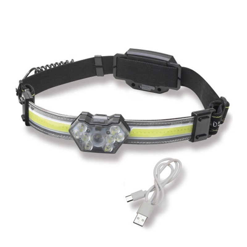 Lampada frontale ricaricabile con batteria al litio da 1500 mAh dotata di 9 LED a fuoco rapido da 3W e ​​pannello led a fuoco indiretto. Impermeabile, con un raggio di sterzata di 60º. Messa a fuoco di 140 metri con 600 lumen.