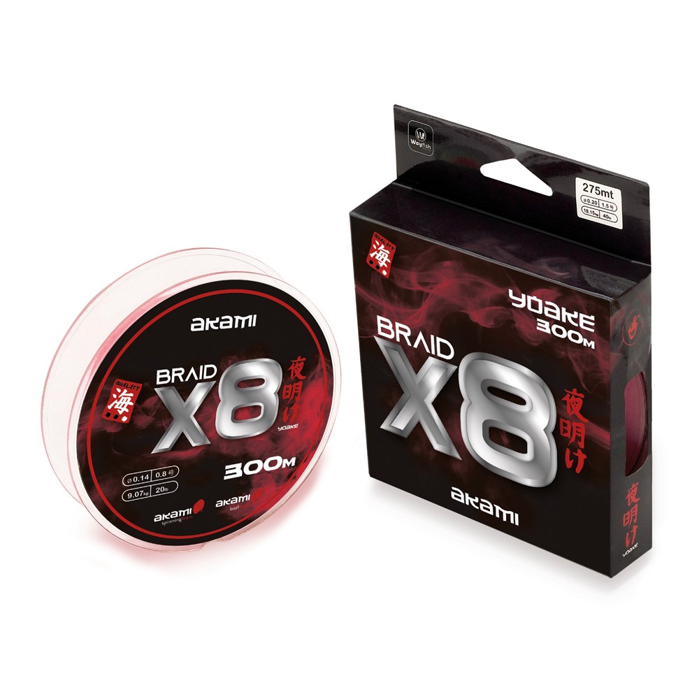 AKami Yoake X8, trecciato con tecnologia Giapponese, 8 fibre intrecciate a spirale, 100% PE. Molto resistente a nodi e abrasioni, con un basso tasso di assorbimento d’acqua. Nuovo profilo tondo ideale per lunghe distanze, che riduce il coefficiente di attrito del 34%, favorendo lo scorrimento del filo attraverso gli anelli. Ideale per la pesca in acque limpide.