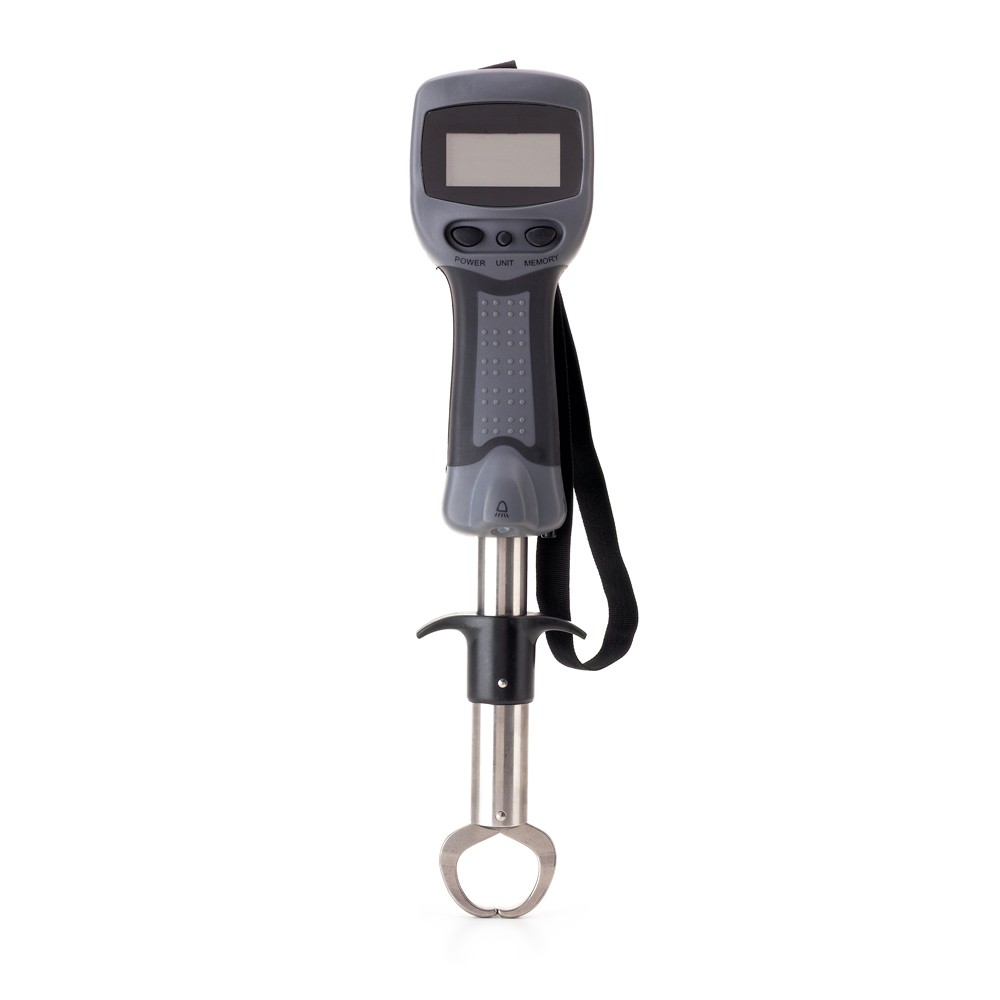 Pinza salpa pesci con ganci in acciaio inox e display bilancia con tre misure di peso. Torsione del boga a 360° e arresto automatico. Munita di cordino.