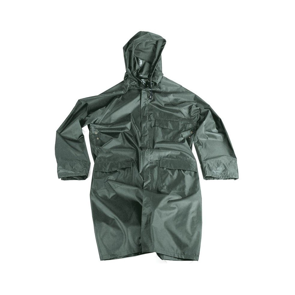 Giacca impermeabile con cerniera intera, cappuccio al collo con cordino e 3 tasche. Realizzato in PVC resistente, ideale per pioggia, neve e vento.