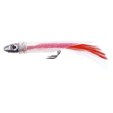 Artificiale da traina, montato con doppio amo in acciaio inox, piume e testa piombata. Ideale per tutti i tipi di predatori.
