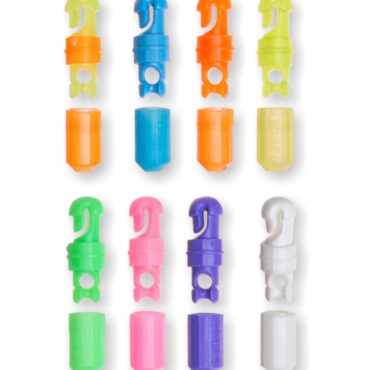 Dispositivo per l'aggancio rapido della lenza all'elastico.
Adatto per elastici Ø 1 mm max.
Colori: bicolore - blu - arancio - giallo - verde - rosa - viola - bianco.
Blister da 1 pezzo, confezione da 20 blister.