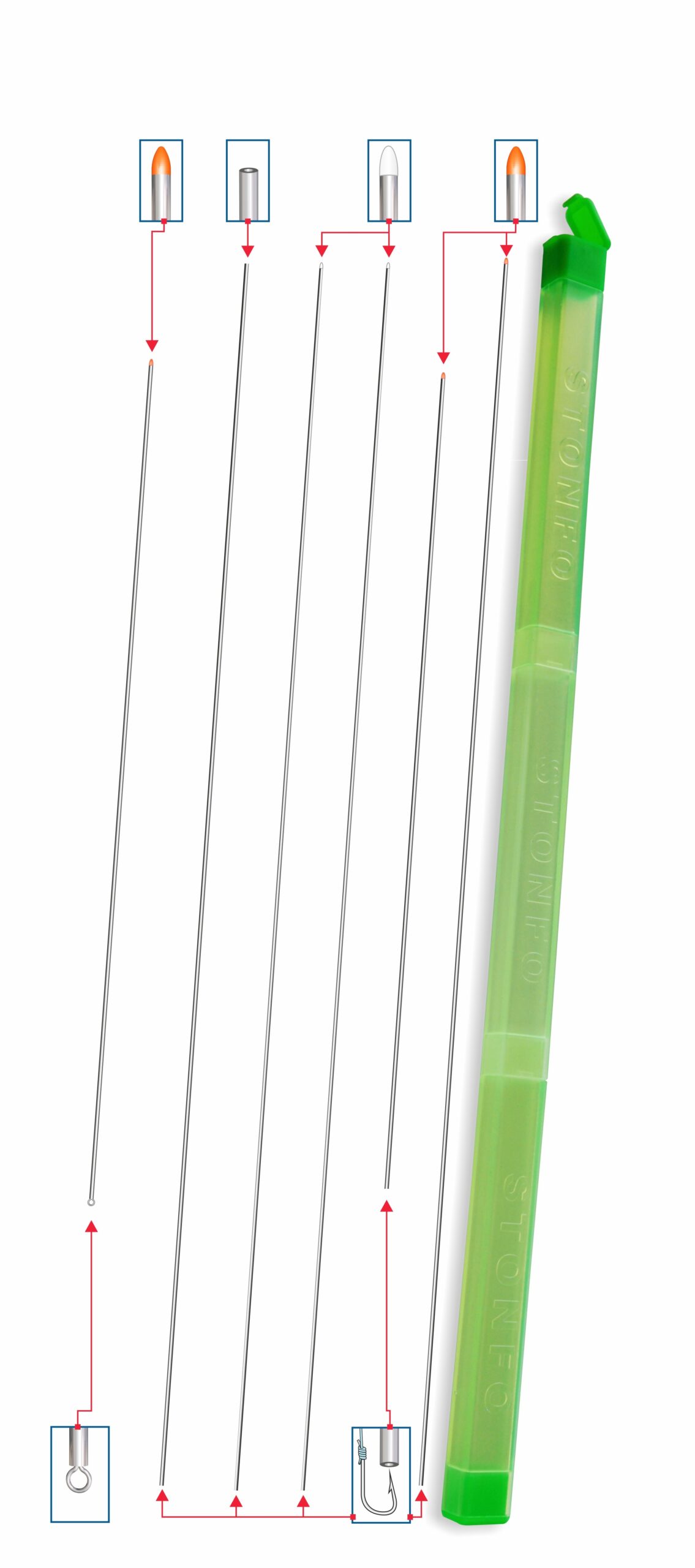 Kit di 6 aghi di tipo diverso forniti in una pratica scatolina in materiale anti-urto con chiusura a scatto.
Il kit comprende:
- 1 ago Testa Rossa cm20
- 1 ago Testa Rossa cm30
- 2 aghi Testa Bianca cm30
- 1 ago Tubolare Senza Punta cm 30
- 1 ago Bibi Testa Rossa cm20.
Scatola da 6 pezzi, confezione da 5 scatole.