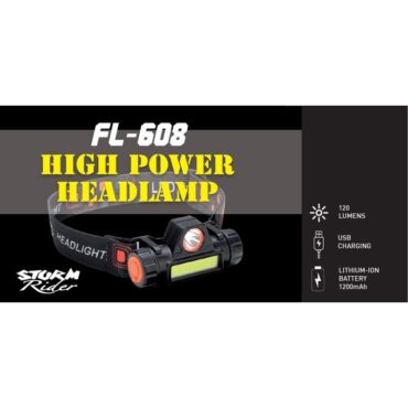 Lampada frontale da pesca STORM RIDER FL- 608, torcia ricaricabile con batteria al litio da 1200 mAh, dotata di LED a fuoco rapido da 3W e pannello led a fuoco indiretto. Impermeabile, con un raggio di sterzata di 60º. Messa a fuoco di 100 metri con 120 lumen. Incorpora anche un piccolo magnete all'estremità sinistra per poter essere rimosso dal nastro. Ideale per la pesca notturna.