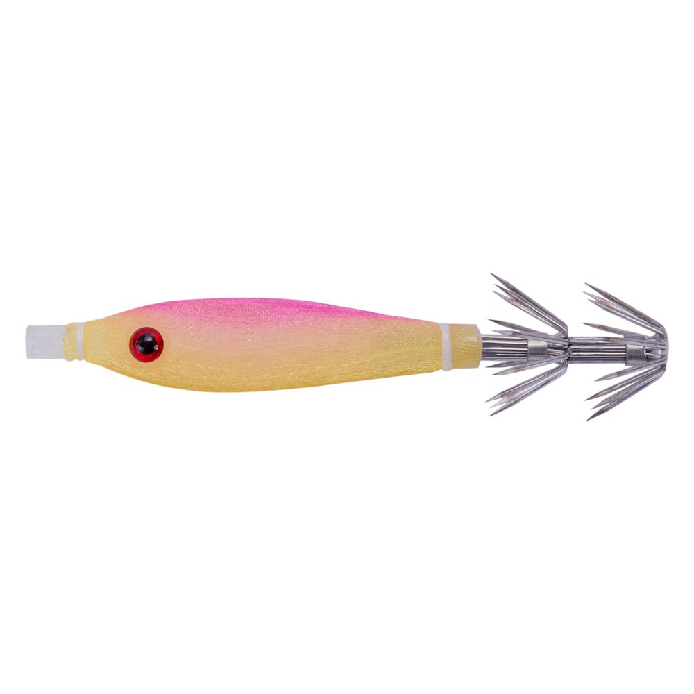 Tataki Sugoi Hypnos, struttura in silicone rivestita in seta con effetto luminescente. Montata con 2 cestelli in acciaio. Ideale per la cattura di seppie e calamari.