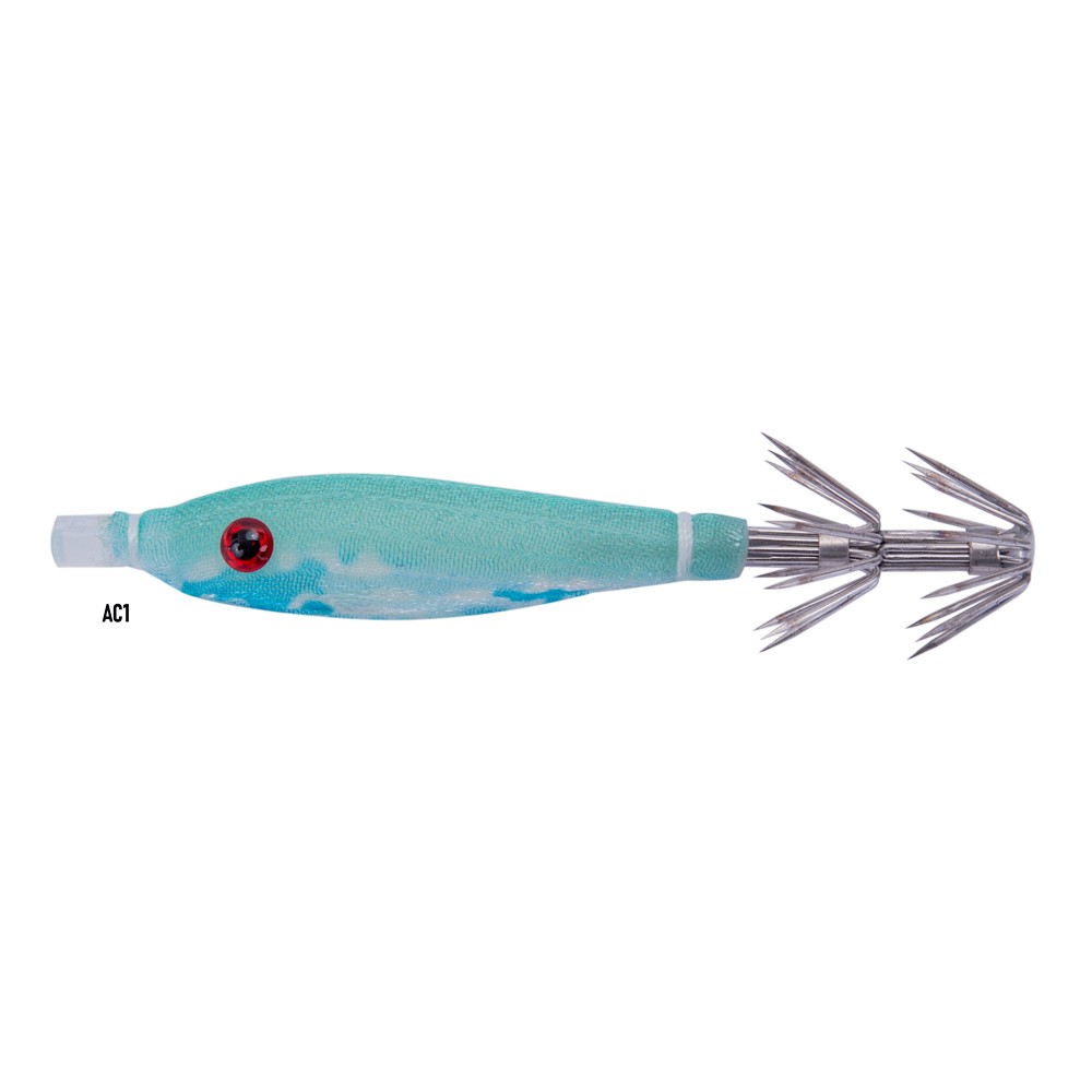 Tataki SUGOI STENO struttura in silicone rivestita in seta con effetto luminescente. Montata con 2 cestelli in acciaio. Ideale per la cattura di seppie e calamari.
