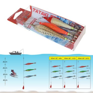 Montatura pronta Tataki Set assemblata con 3 Soft Squid Jigs, 3 Duolock Snaps, 1 Stainless Steel Swivel, 1 Swivel With Interlock Snap e fluorocarbon.
High Quality Finishing
Extra Soft Squid Jigs
Professional Knotting